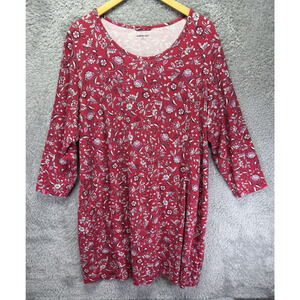 Land’s End 3X Red Floral Print Cotton Jersey‎ Stretch Midi Long Sleeve Dress